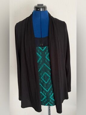 AB Studio Black layered Cardigan with Teal Lace-Pattern Inset